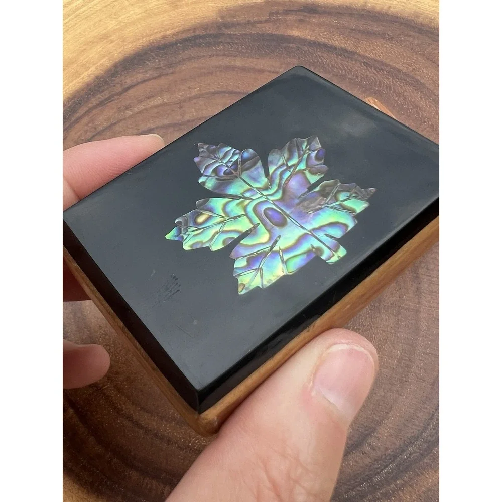 Wood Trinket Jewelry Box Abalone Mother of Pearl Maple Leaf Inlay Lacquer Lid